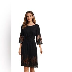 Hype 100% Silk Black Dress Sequin Sleeves Cutout Back Size 8
